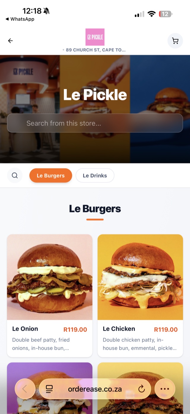 Le Pickle storefront on OrderEase — branded hero, search, and a grid of burgers