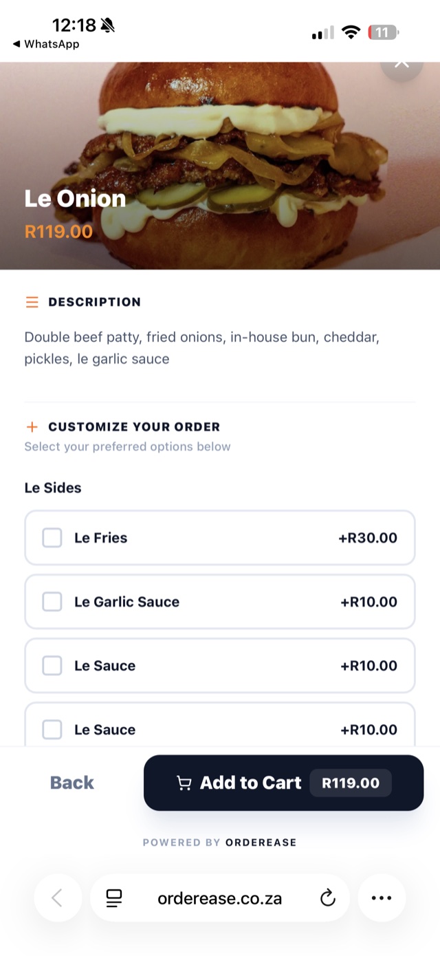 The Le Onion product page with photo, description, and customisable sides