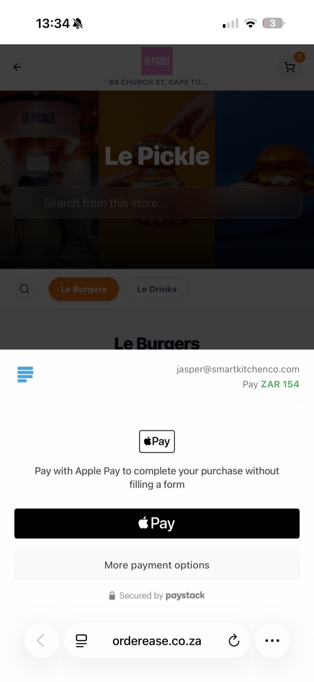 Apple Pay checkout secured by Paystack — pay in a tap, no form to fill