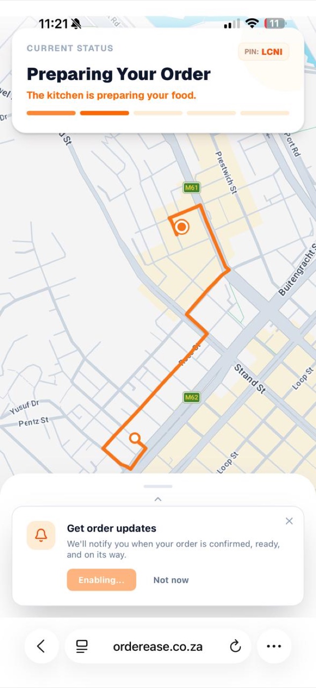 Live order tracking — a map with the delivery route, the “Preparing your order” status and a collection PIN